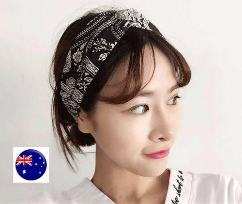 Women Lady Boho Bohemia floral Black Cross Bandana Hair band Headband Wrap Scarf