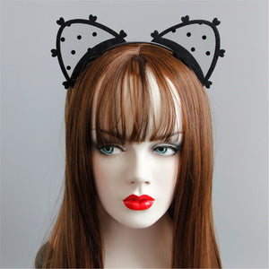 Women Girl Black Lace Dots Ear Prom hairband Costume Party Hair headband Prop