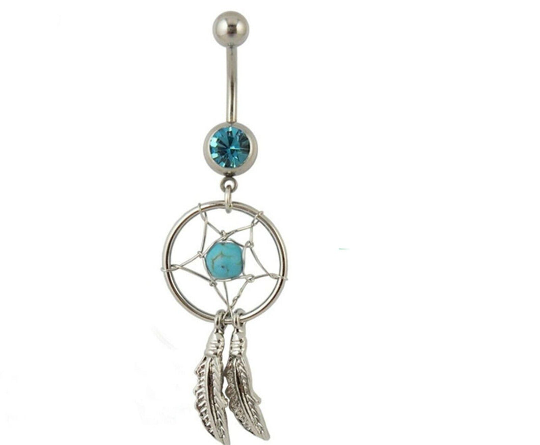 Surgical Dream Catcher Leaf Blue Turquoise Belly Ring Navel Bar Body Piercing