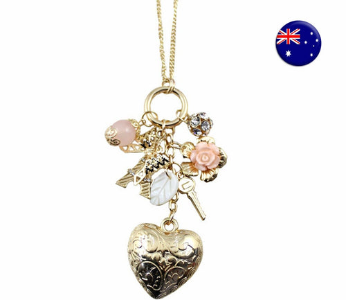 Women Bohemia Retro Gold color Heart Rose Key Bow Eiffel tower Long Necklace