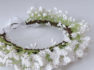 Women White little flower babys breath Hair Headband Greenery Halo Crown Garland