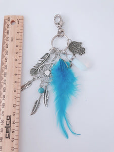 Women Bohemian BOHO Blue Feather Dream Catcher Crystal Key Ring holder Keyring