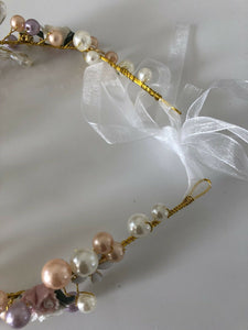 Women Wedding Bride Rose gold leaf Pearl Hair Headband Garland Hairpiece Earring