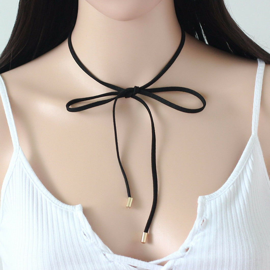 Women Girl Synth Suede leather Bohemian Boho Slim Tie Up Choker Short Necklace