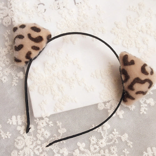 Women Girls Kid Brown Fluffy Party Leopard Cat Ear Hair Headband Band Hoop Prop