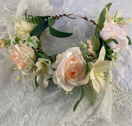 Women Leaf Beige Pink Champagne Flower Beach Party Hair Headband Tiara Garland
