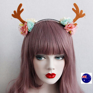 Women Girl Reindeer Deer Antlers Costume Brown Ear Rose Party Hair headband Prop