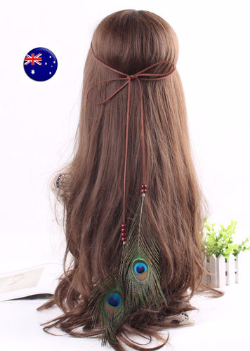 Women Girl Brown suede Peacock Feather Beach Hair head band Headband Prop Wrap