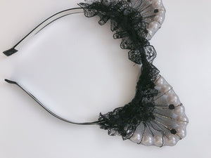 Women Girl Black Fancy Lace Pearl Cat Ears Party Hair Head Headband band hoop