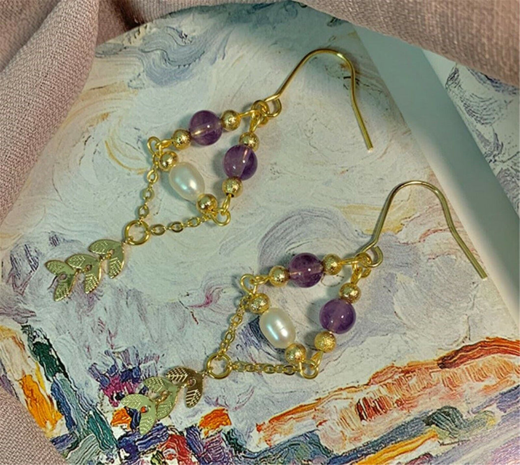 Women Handmade 14k Gold plated Natural Pearl Purple Crystal Dangle Earrings