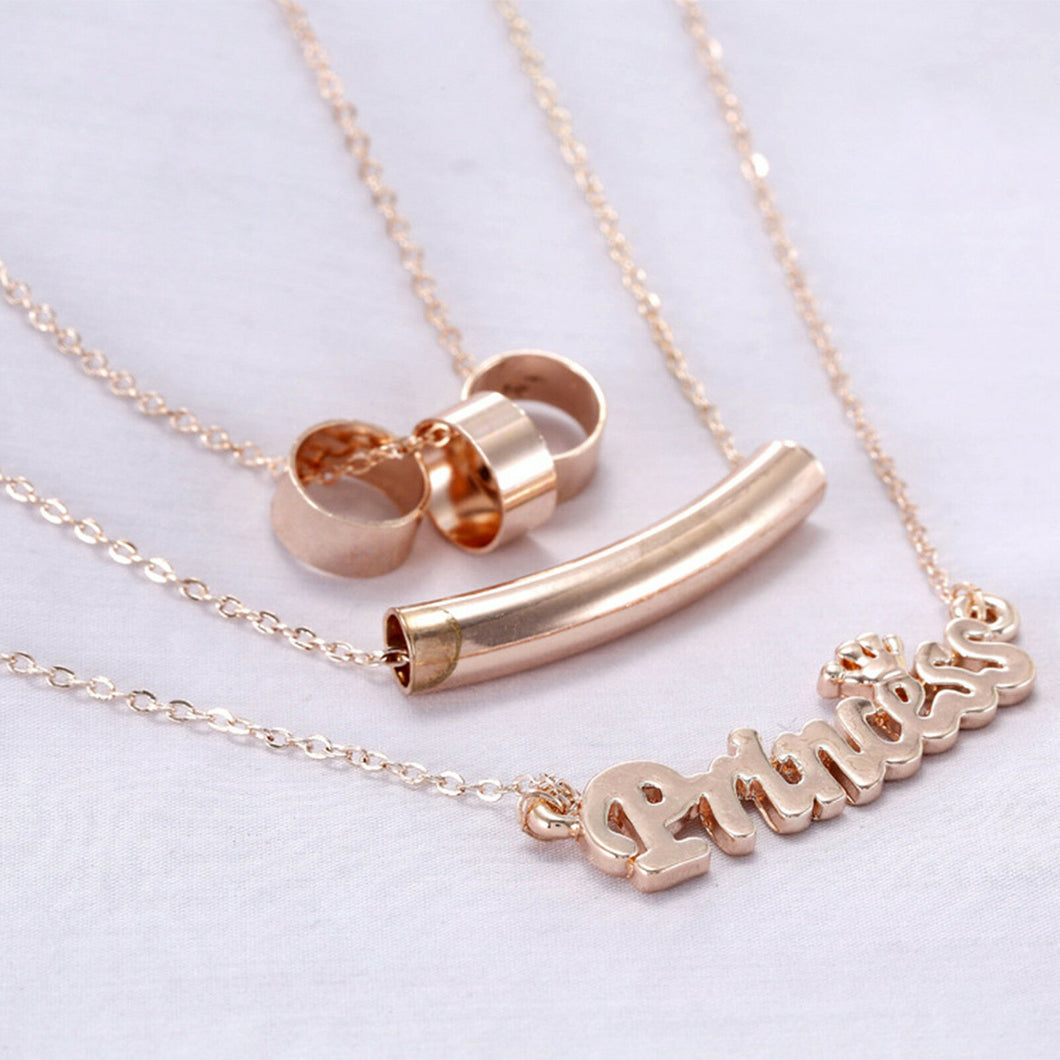 Women Girl Rose Gold Plated Princess letter 3 layers Necklace Pendant Gift her