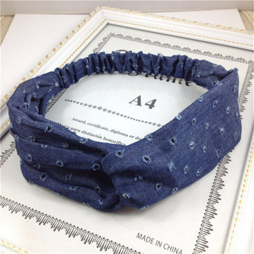 Women Girl Retro Boho Ripped Blue Denim Cross hair head wrap tie headband band Dark blue Denim