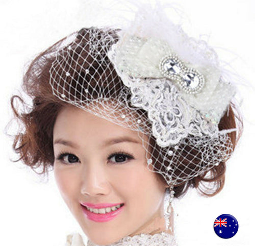 Women white Wedding Bride Veil  Melbourne Cup Flower Party Hair Clip Fascinator