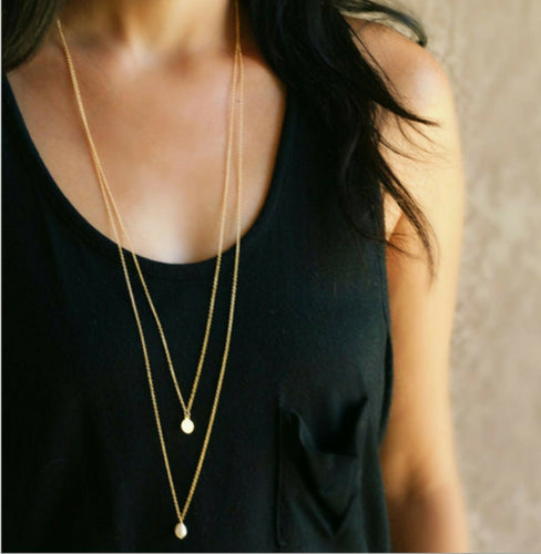 Women Bohemian BOHO Gold color Simple Slim Chips 2 layers Long Chain Necklace