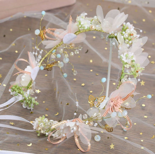 Women Girls Butterfly Pearl Pink Flower Hair Tiara Headband Fascinator Garland
