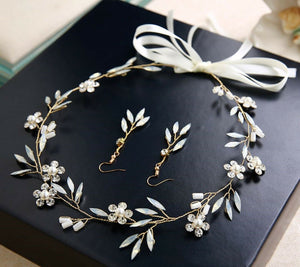 Women White Flower Leaf Bride Headband Hair Piece Ribbon Jewelry Earrings set