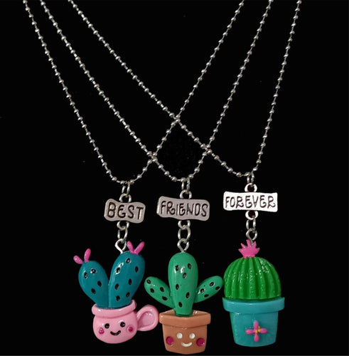 Girl Children BFF 3 Best Friends Forever cactus Plants Pendant Necklace Gift her