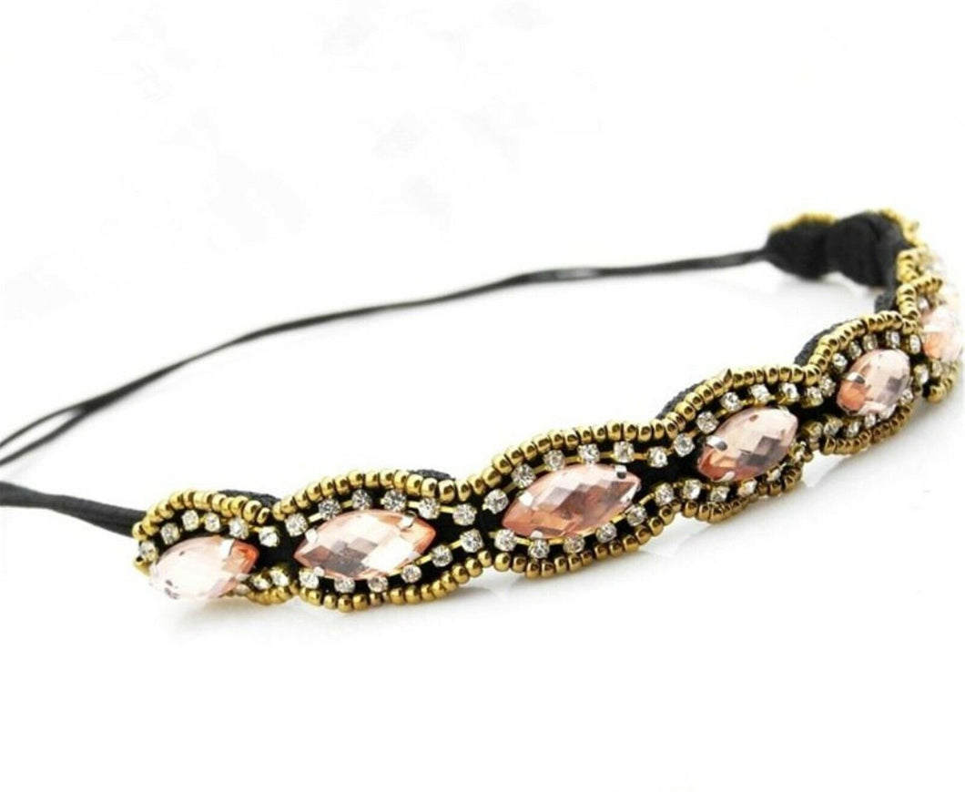 Women BOHO Pink Crystal Beads Rhinestone Beach Braided Hair Headband Head band