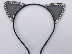 Women Girl Black Crystal Lace Kitty Cat Ears Party Hair Headband Head band Hoop
