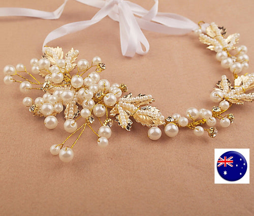 Women Party dance gold color Pearl leaf Wedding Bride Hair Headband Headpiece