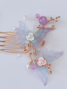 Women Girl Fancy Blue Butterfly Pearl Twig Hair Comb Clip Pin Haipin Hairpiece