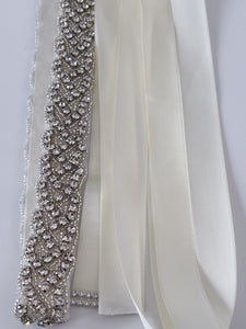 Women Cream White Crystal Rhinestone Prom Wedding Waist Dress Satin Sash Belt