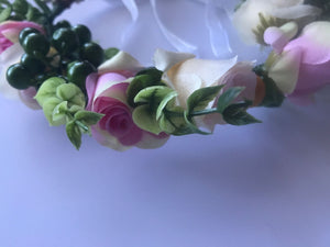 Women wedding Pink Rose flower bride Party Hair Headband Crown Prop Garland