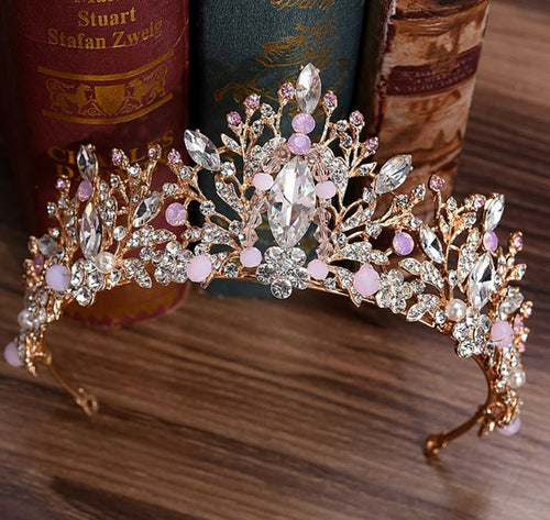 Women Bride Wedding Retro Vintage look Pink Crystal Rhinestone Tiara Crown