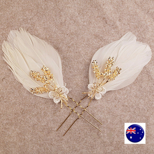 2 Women Bride Wedding white Feather Race Melbourne Cup Hair Clip Pin Fascinator