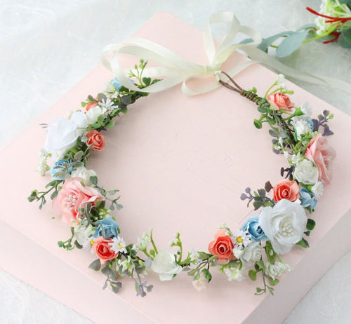 Women Girl Pink White Flower Hair Halo Headband crown Garland Photography Prop