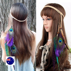 Women BOHO Syn suede Feather Peacock Braided Beach Hair head band Headband Prop