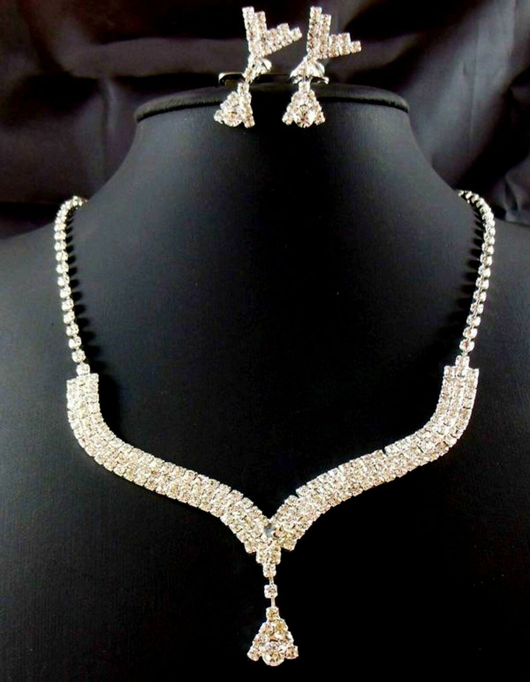 Women Girls Crystal Bling Shiny Wedding Bridal Bride Party Necklace Earrings Set