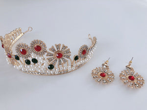 Women Gold Rhinestone Crystal Pearl Sun Party Hair Headband Crown Tiara Earrings