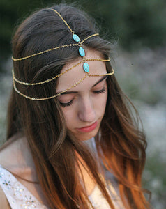 Women Retro bohemian turquoise stone layers Hair forehead chain band headband