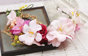 Women Girl BOHO Beach wedding Pink Flower Hair Headband crown Prop Garland hoop