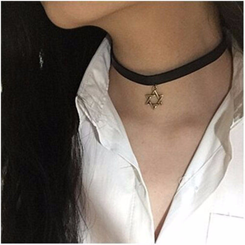 Women Lady Girls retro boho Black Velvet short hexagram Star Choker Necklace