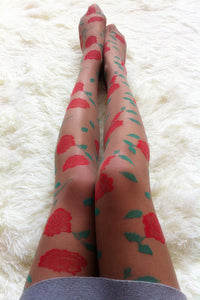 Women Sexy Retro Red Rose Brown Beige Sheer Pantyhose Stockings