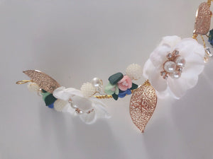 Women Gold Leaf White flower Wedding Hair Band Headband Crown Tiara Fascinator