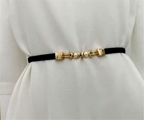 Women Tween Girl Retro Pearl Buckle Slim thin Narrow Dress Elastic Black Belt