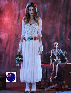 Women Party Fancy Vampire Skull Bride White Halloween Costume Dress Headband set
