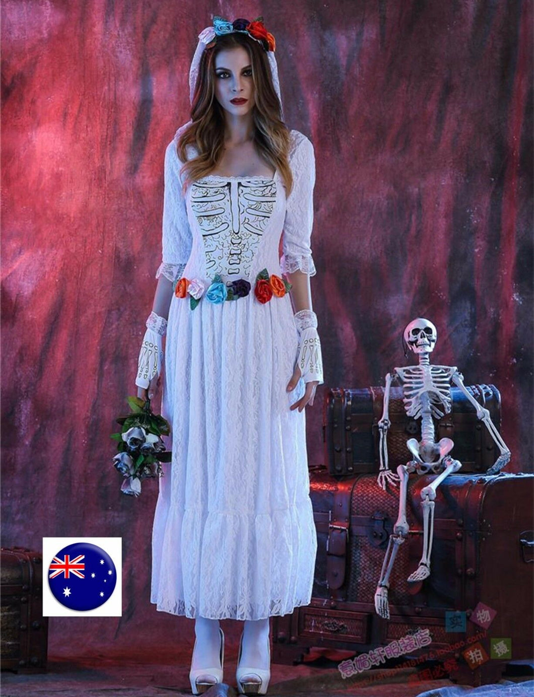 Women Party Fancy Vampire Skull Bride White Halloween Costume Dress Headband set