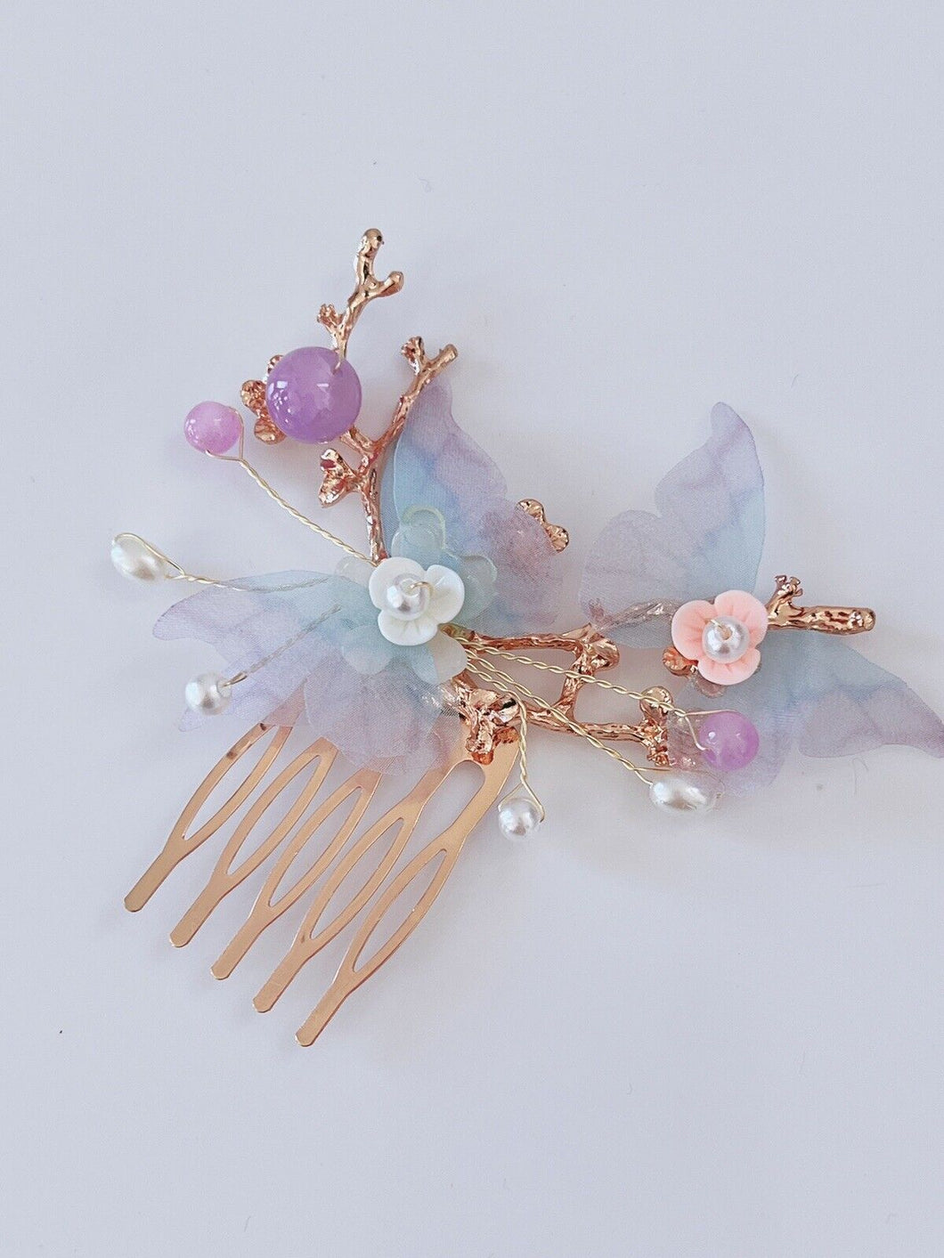 Women Girl Fancy Blue Butterfly Pearl Twig Hair Comb Clip Pin Haipin Hairpiece