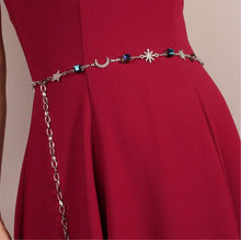 Women Slim Party Metallic Navy Silver Chain Moon Star Crystal Dress Tassel Belt