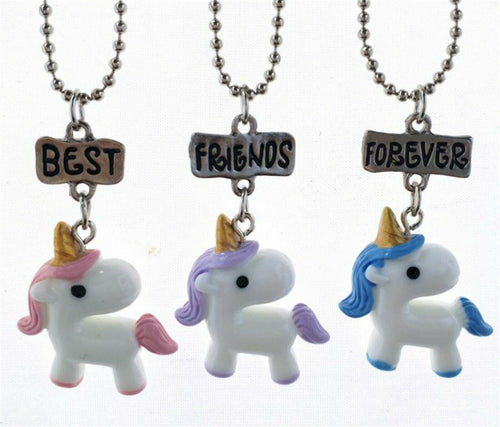 Girl Children BFF Unicorn Pony 3 Best Friends Forever Pendant Necklace Gift her