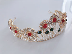 Women Gold Rhinestone Crystal Pearl Sun Party Hair Headband Crown Tiara Earrings