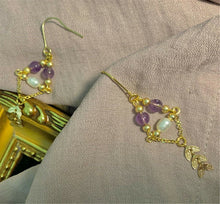 Women Handmade 14k Gold plated Natural Pearl Purple Crystal Dangle Earrings