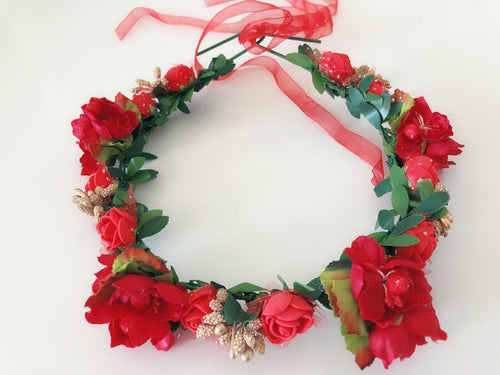 Women Lady Red Flower Girl wedding Ribbon Hair head Headband Prop Garland tiara