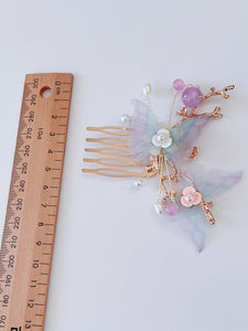 Women Girl Fancy Blue Butterfly Pearl Twig Hair Comb Clip Pin Haipin Hairpiece