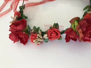 Women Lady Red Flower Girl wedding Ribbon Hair head Headband Prop Garland tiara
