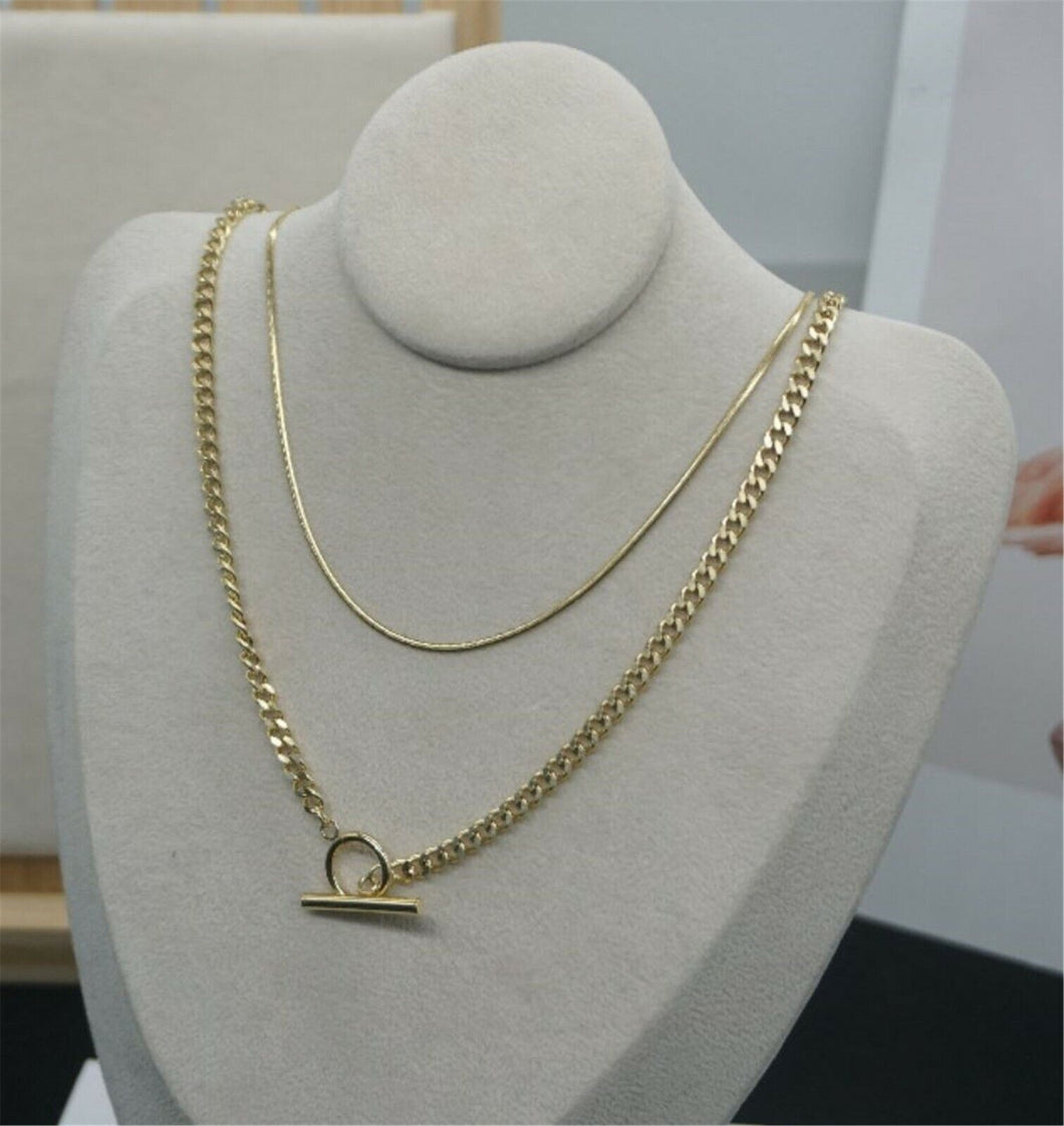 Women Gold color Titanium Plated 2 layers Chain Short Necklace